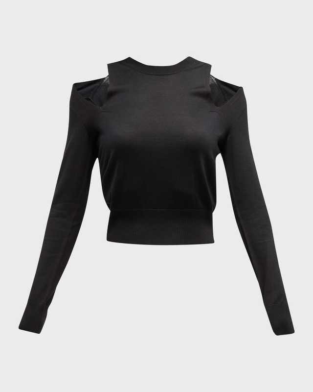 Cold-Shoulder Cutout Crop Silk Sweater